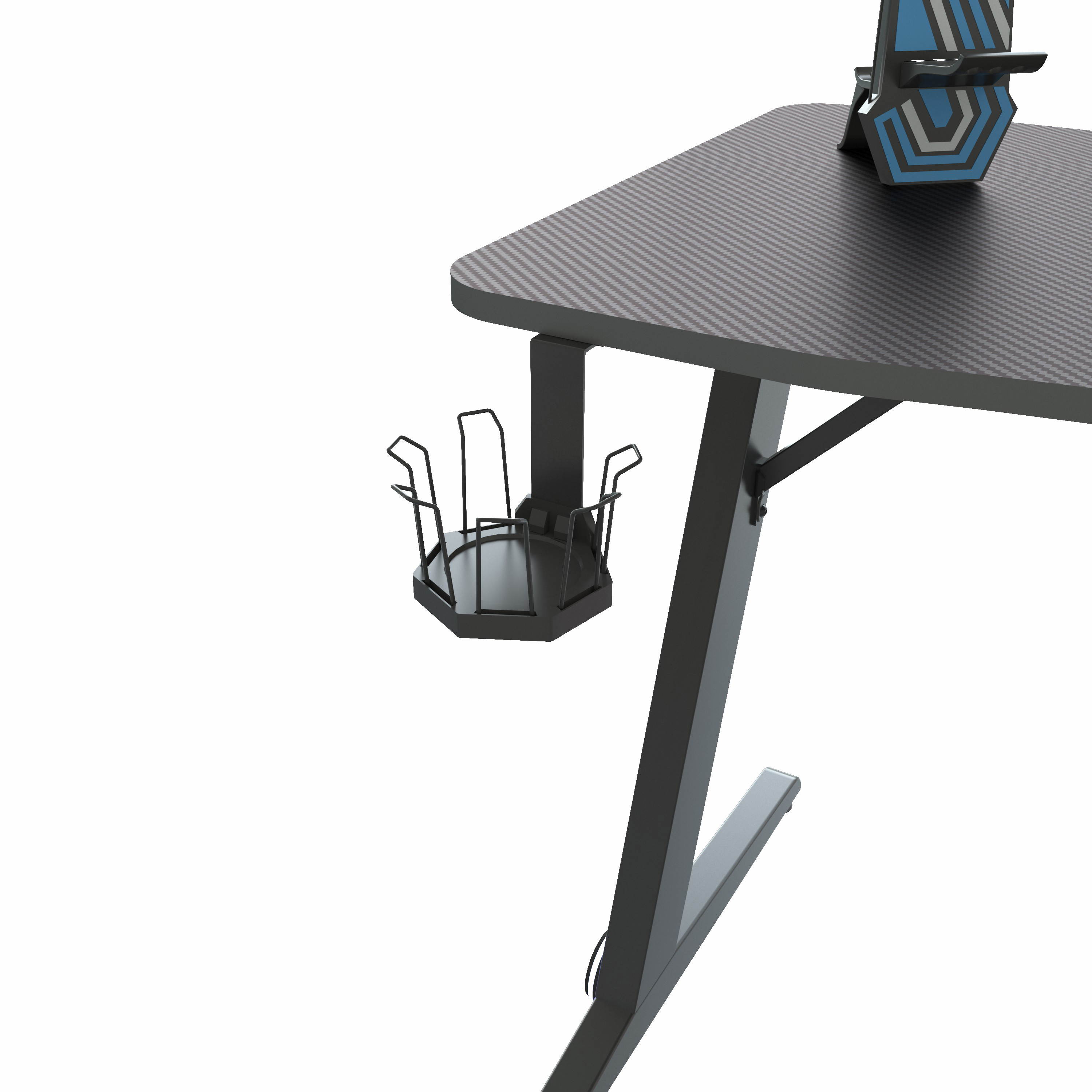 Z-Shaped Gaming Desk Home Office Computer Desk Gamer Workstation with Monitor Stand Carbon Fiber Surface Gamer Table with RGB Lights Cup Holder Headphone Hook Plug Board Holder