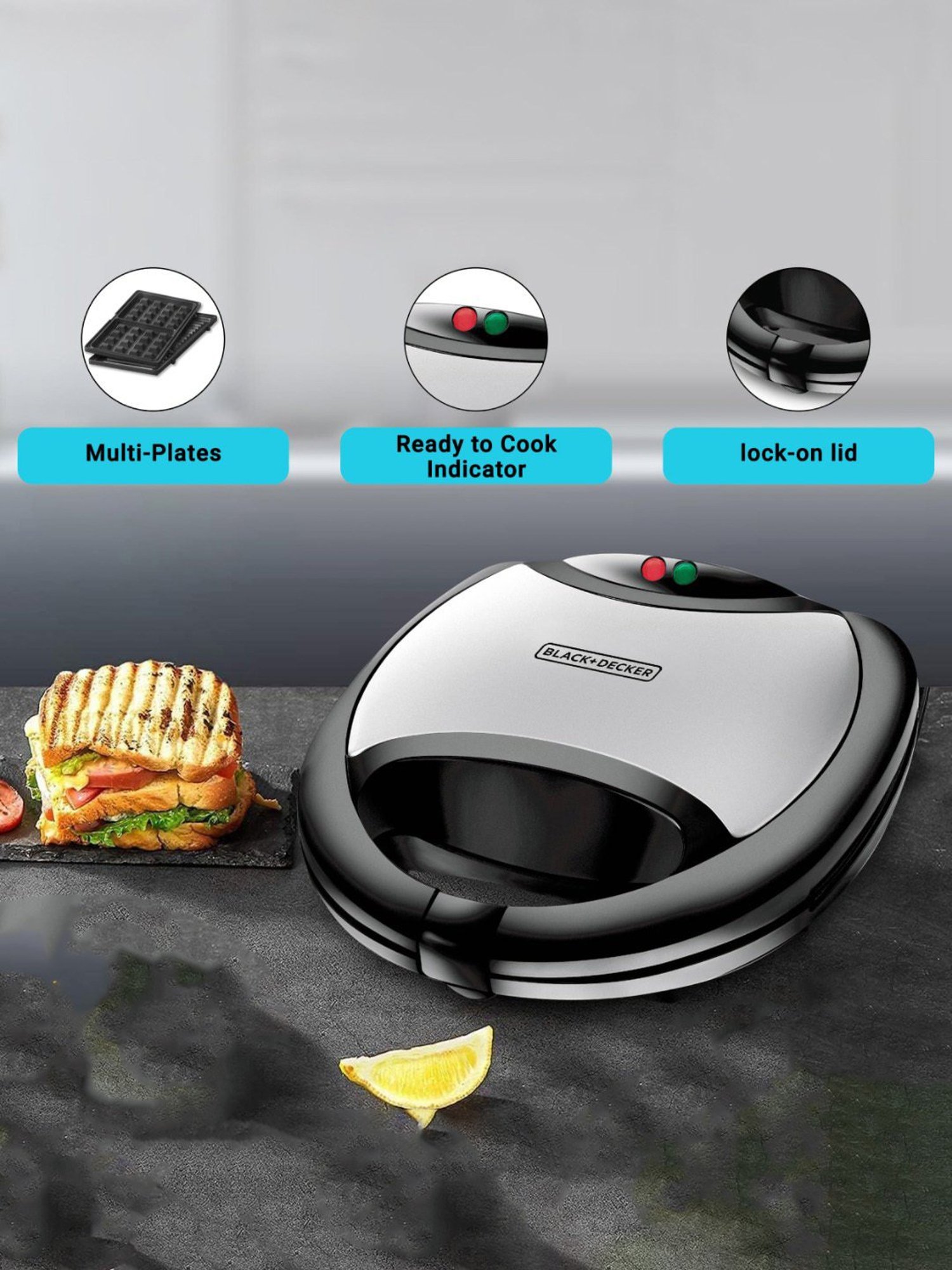 BLACK+DECKER TS2090 3 in 1 Multiplate Sandwich, Grill and Waffle Maker 750W (Black)