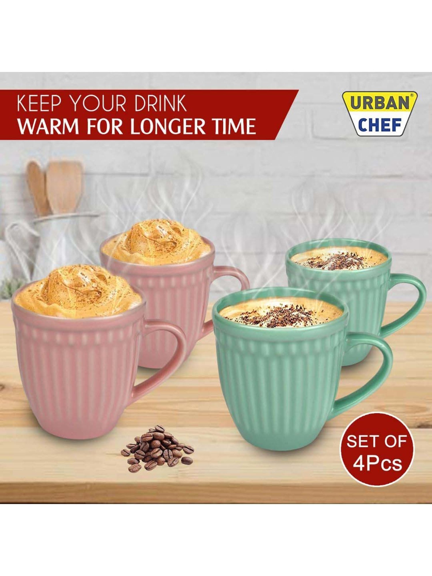 Urban Chef Pink & Green Ceramic Handcrafted Microwave Safe Tea Cup - Set of 4