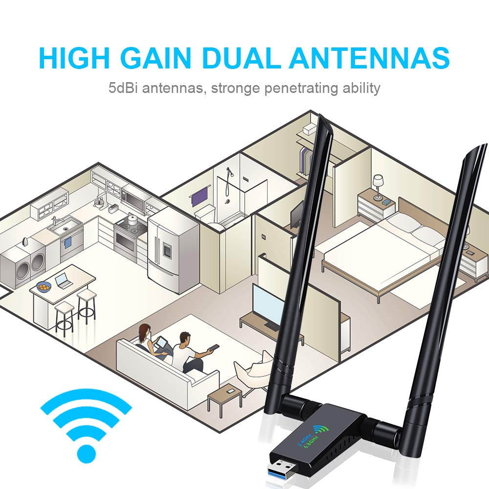 USB WiFi Adapter 1750Mbps,USB 3.0 Wireless Network WiFi Dongle with Dual 5dBi Antenna, 802.11ac Dual Band 2.4GHz/5.8GHz for Desktop Laptop PC, Supports Windows XP/Vista/7/8/10 Linux Mac