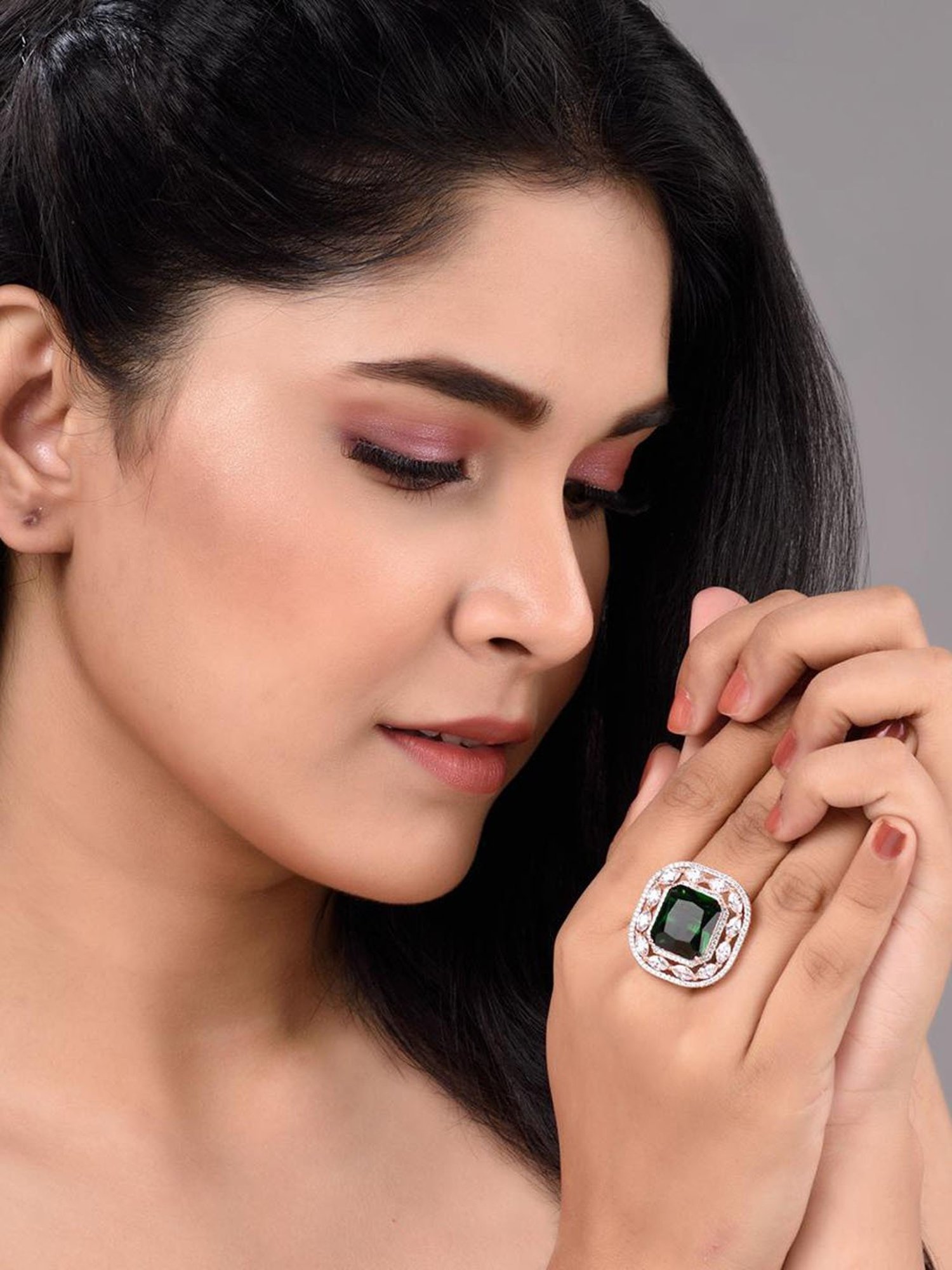 Saraf RS Jewellery Rose Gold Emerald Green Studded Adjustable Statement Cocktail Finger Ring