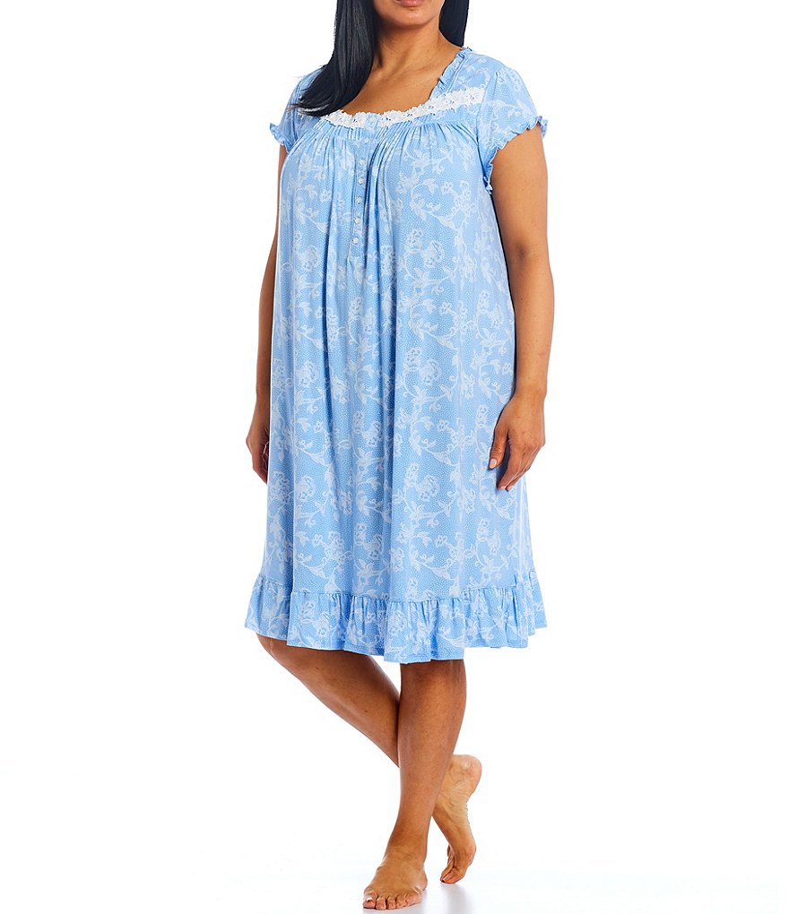 Eileen West Plus Floral Print Jersey Knit Waltz Nightgown