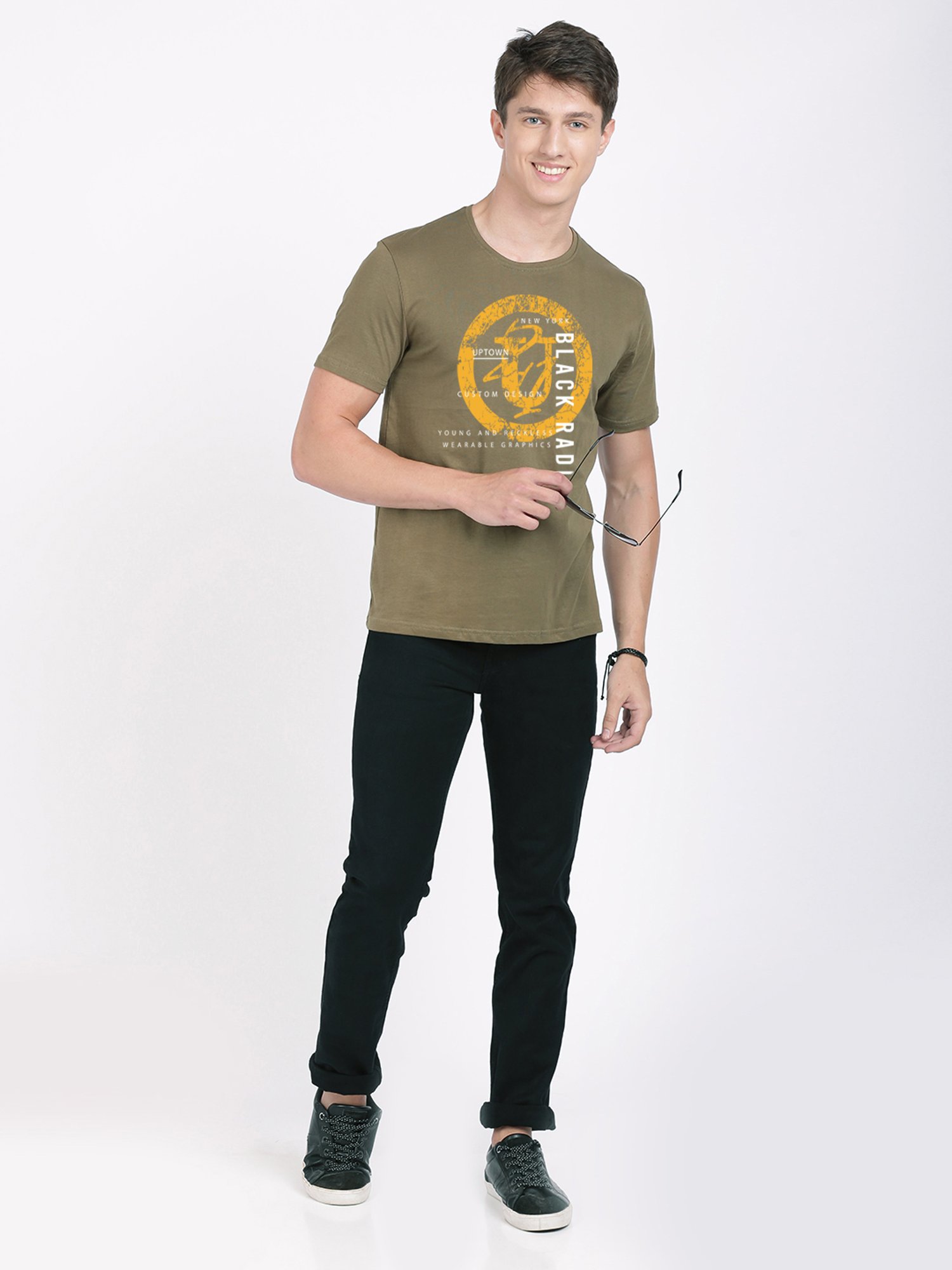 BLACK RADIO Olive Slim Fit Printed Cotton Crew T-Shirt