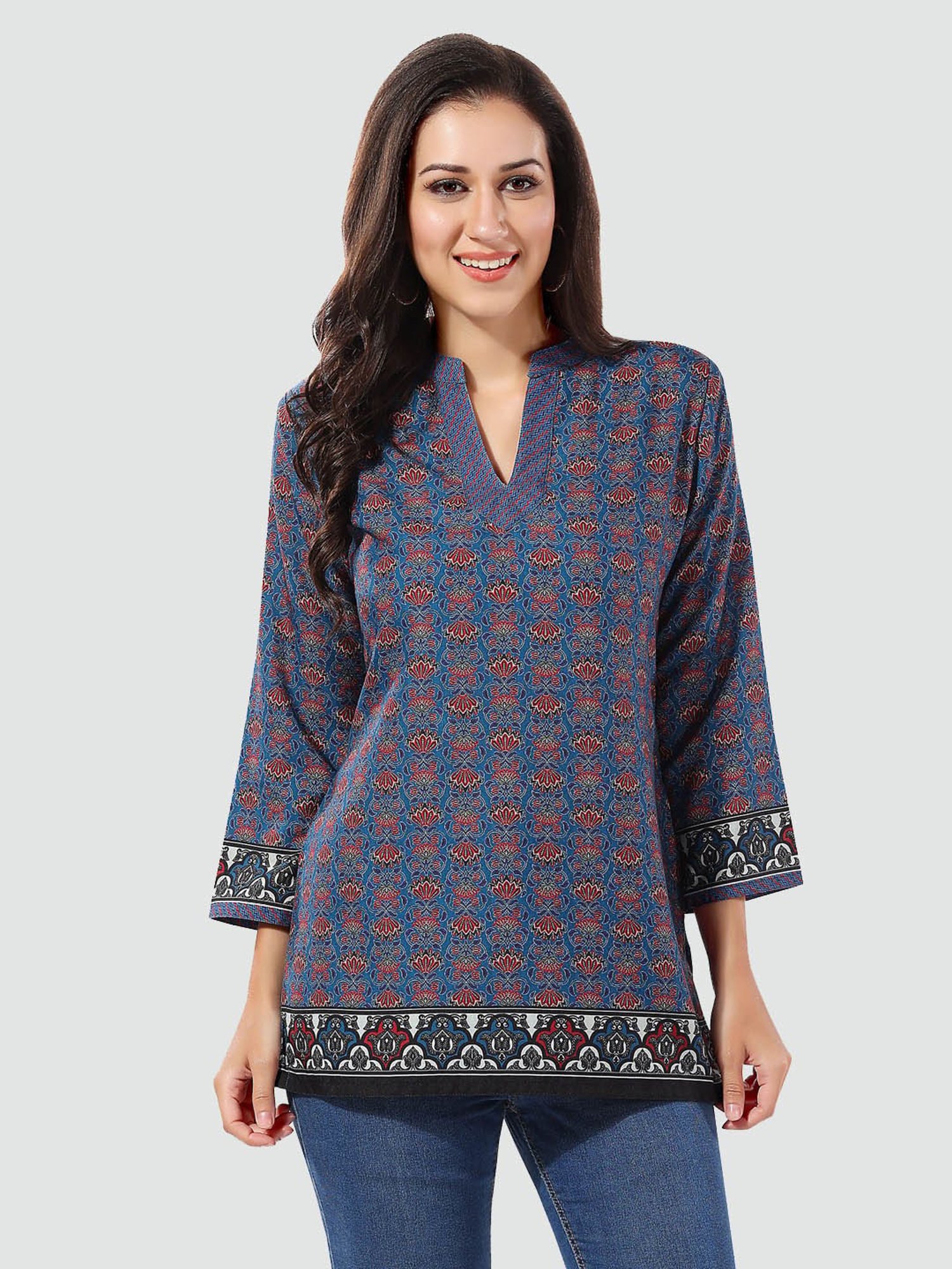 Saree Swarg Dark Blue Printed A Line Short Kurti