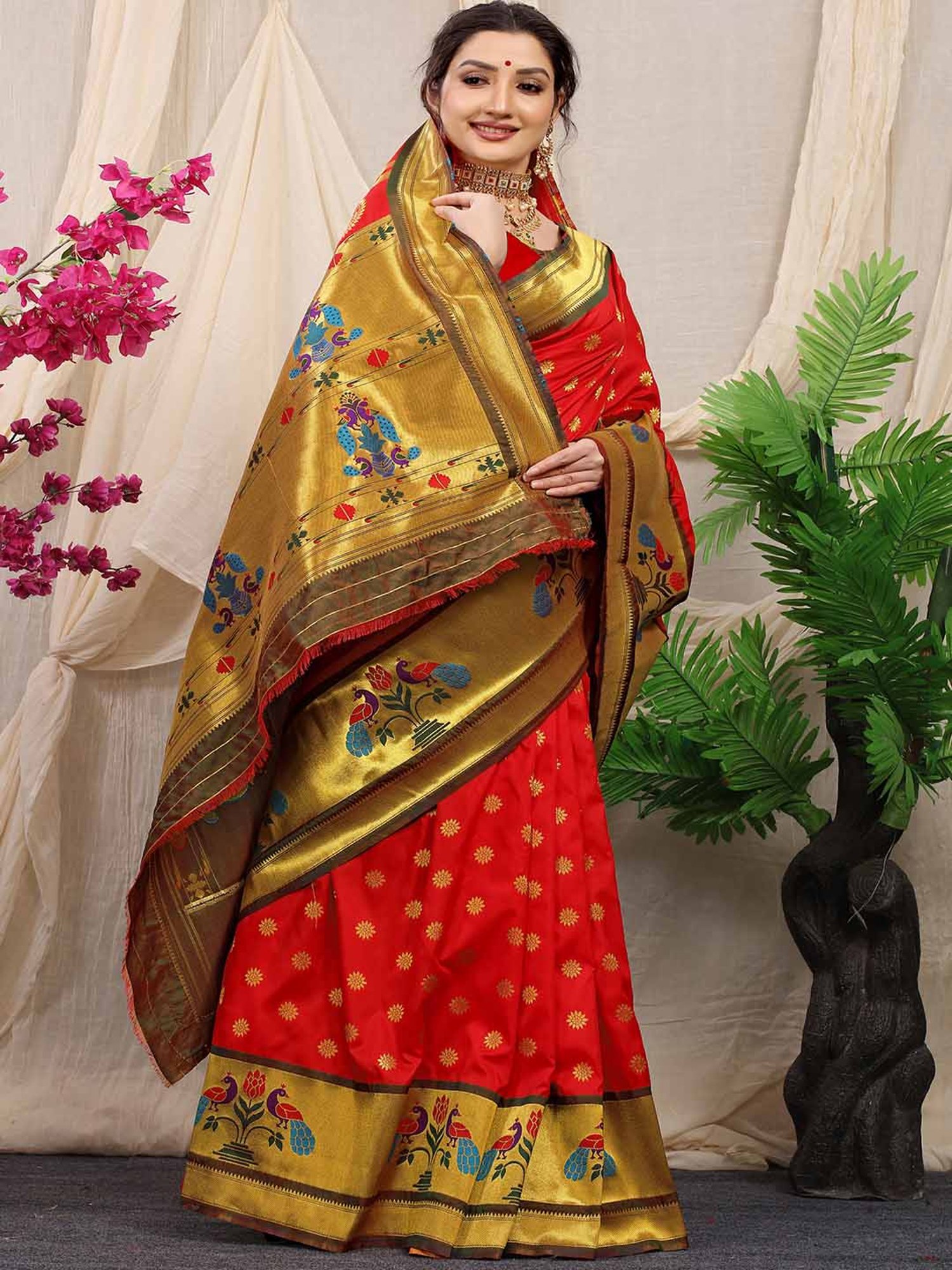 SHUBHKALA Red Silk Woven Saree With Unstitched Blouse