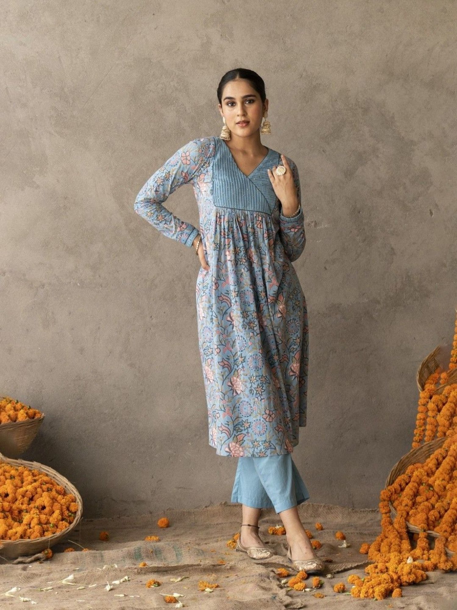 Akiso Reet Blue Block Printed With Yoke And Sleeve Detailed A Line Kurta