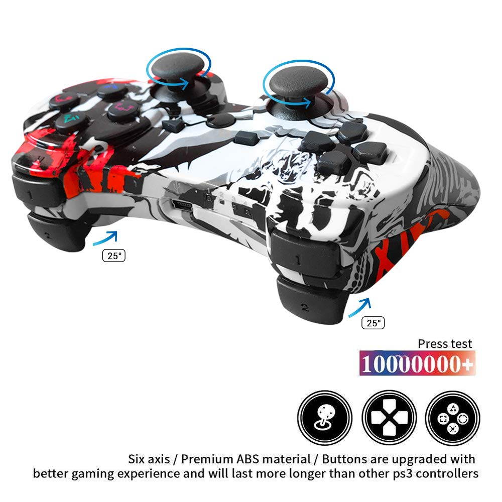 CHENGDAO PS3 Controller Wireless Dual Shock Gamepad for Sony Playstation 3 with Charging Cord (red skull)