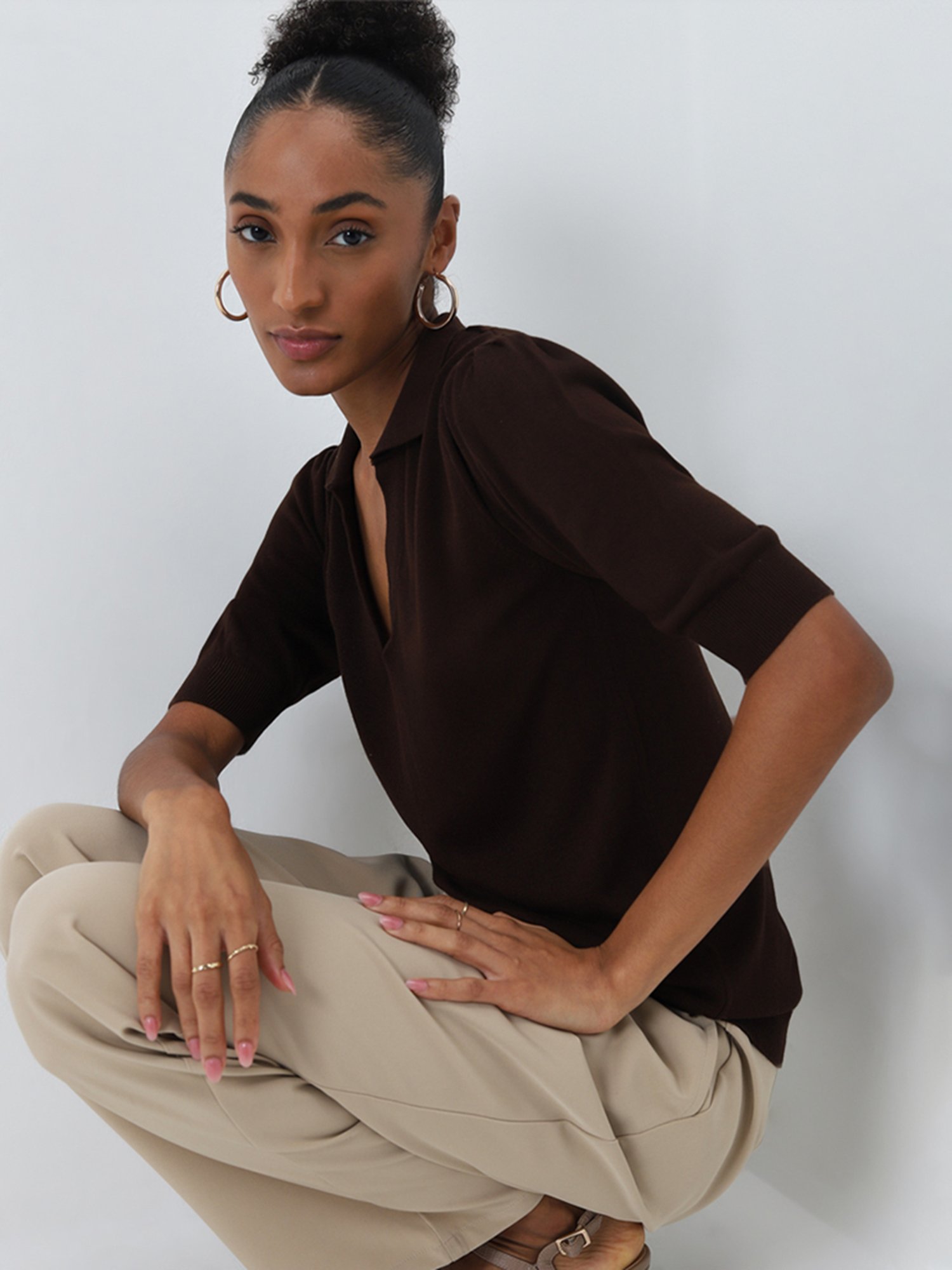 Wardrobe by Westside Dark Brown Knit-Textured Top