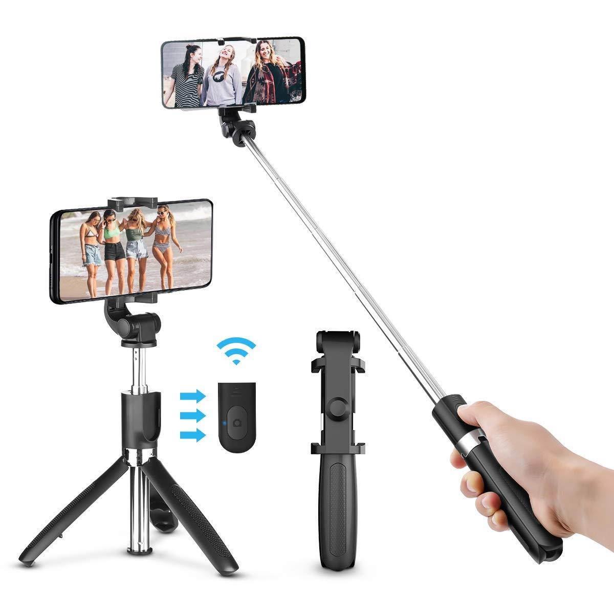 Bluetooth Selfie Stick Tripod, ELEGIANT 2 in 1 Extendable Monopod Selfie Stick with Removable Mini Bluetooth Remote, Adjustable Head, Tripod Stand Selfie Stick Compatible iPhone/Huawei/Samsung (Black)