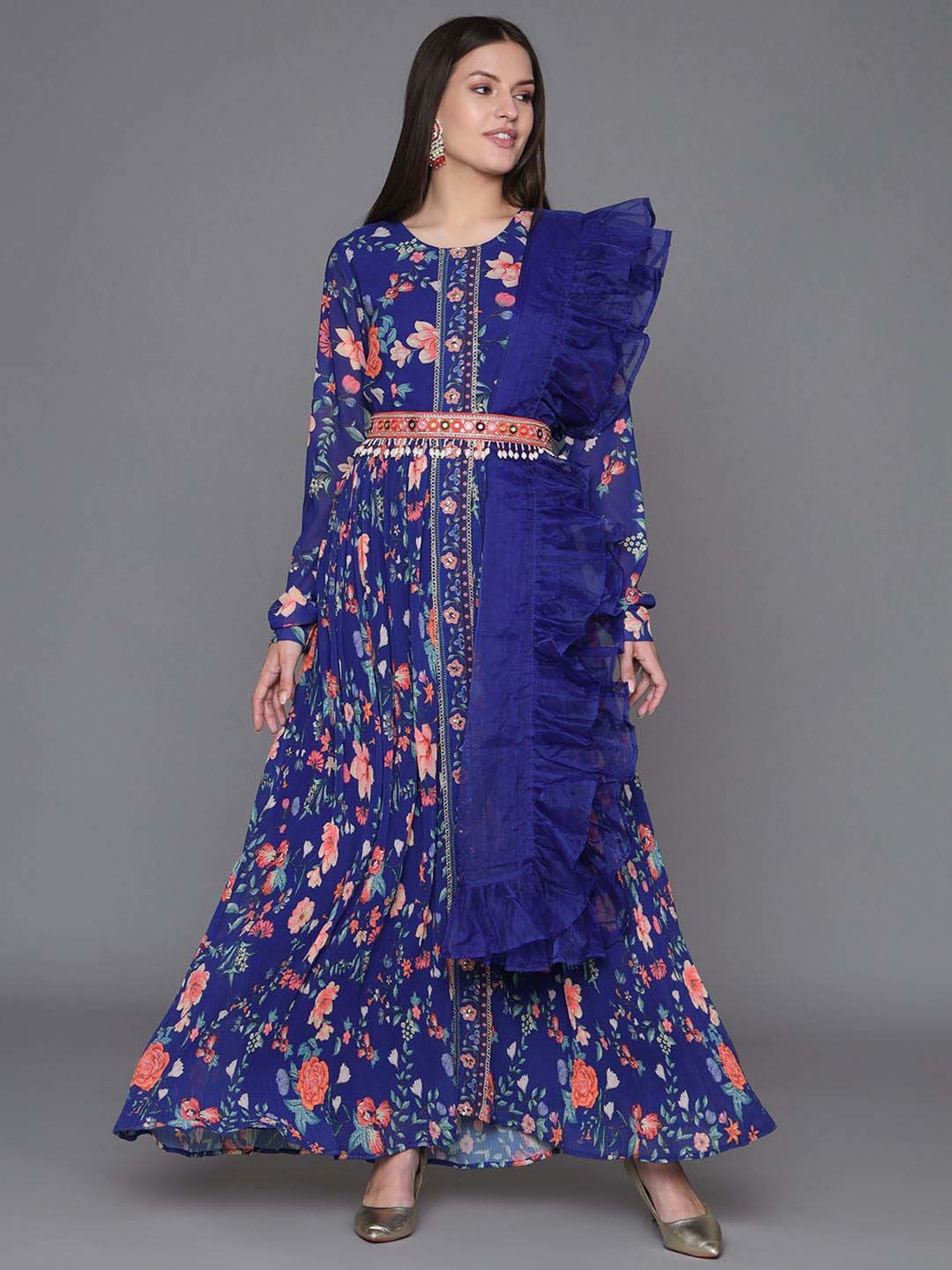 Heeposh Blue Printed Dress With Dupatta & Belt