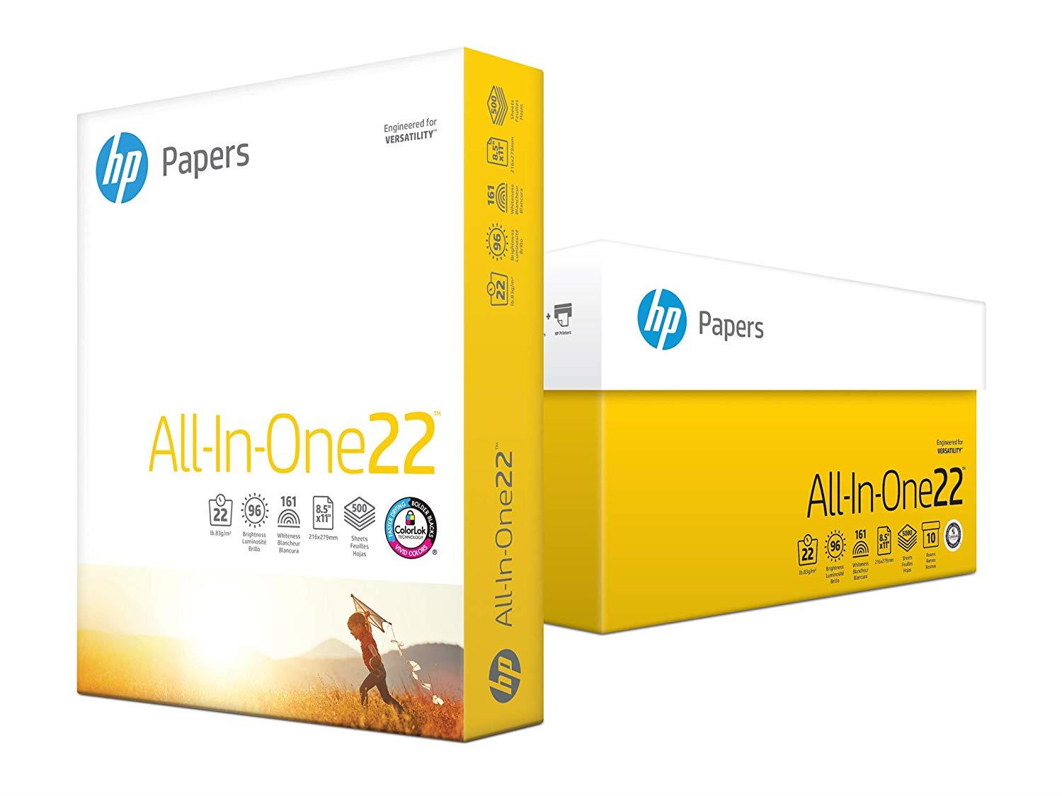 HP Printer Paper, All In One22, 8.5 x 11, Letter, 22lb, 96 Bright, 5,000 Sheets / 10 Ream Carton (207010C) Made In The USA