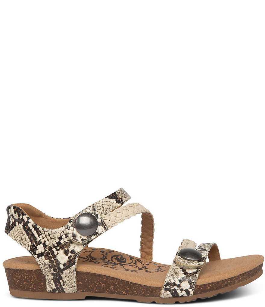 Aetrex Jillian Braided Quarter Strap Snake Print Leather Cork Wedge Sandals