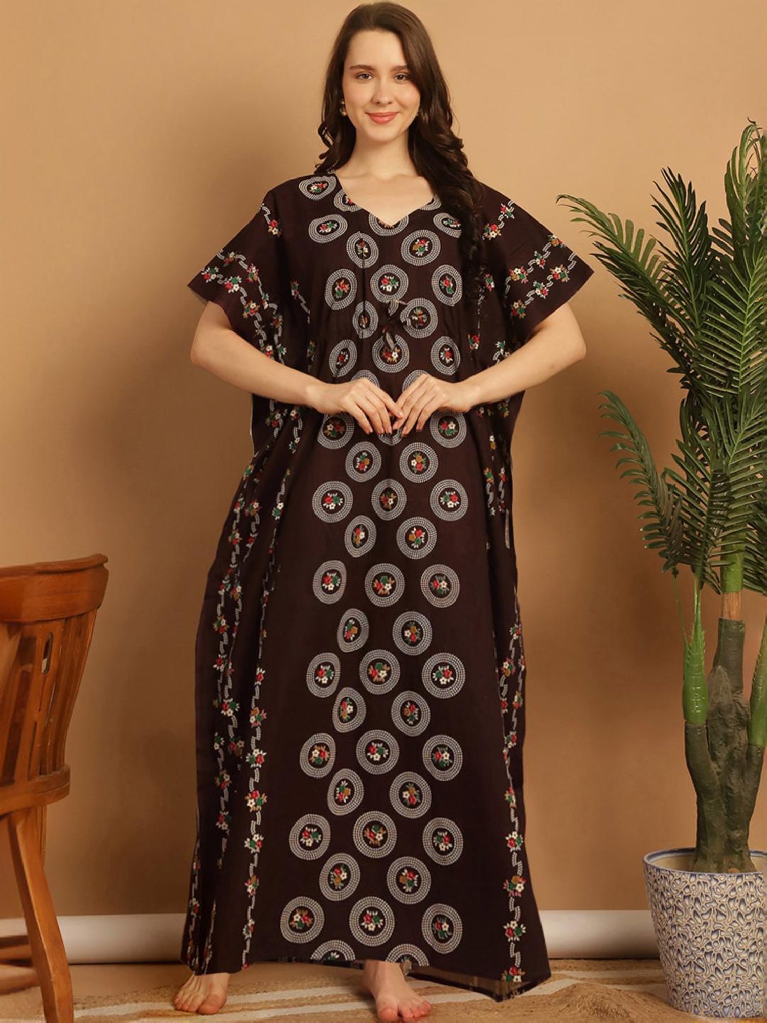 Secret Wish Brown Cotton Floral Print Kaftan