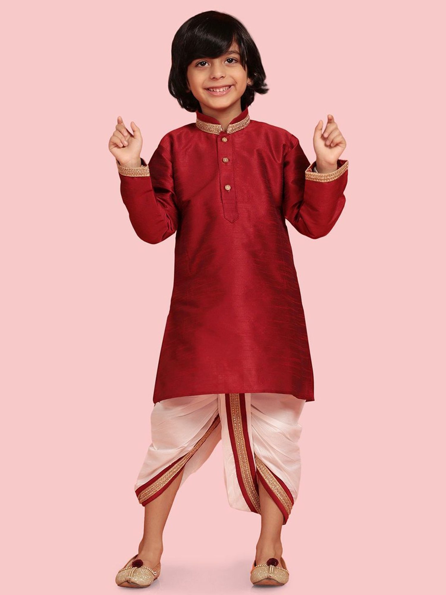 AJ Dezines Kids Maroon & White Embroidered Full Sleeves Kurta Set