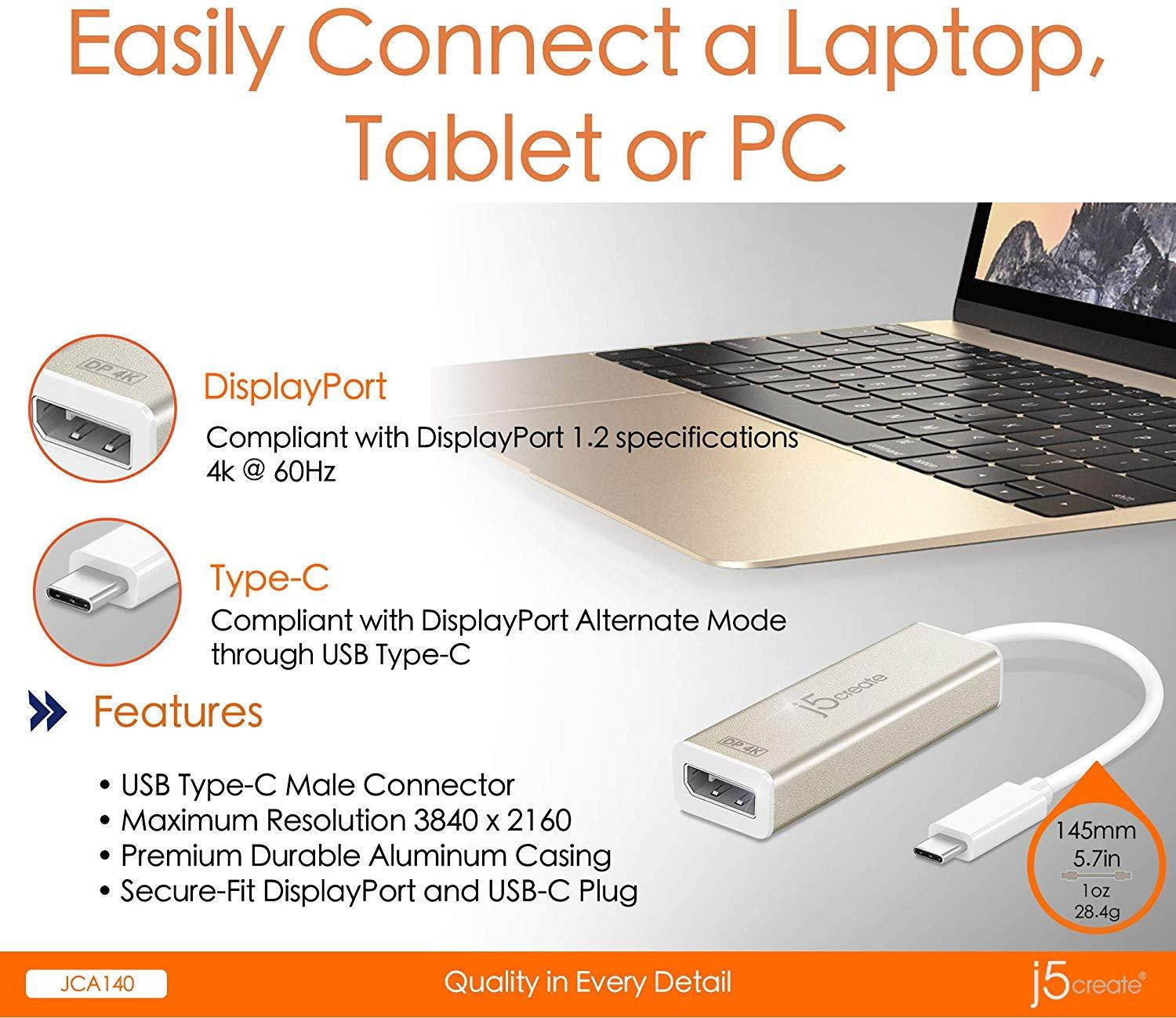 j5create USB C to DisplayPort Adapter Cable 4K@60Hz Type C Dongle Connects External Monitor Display, HDTV, Projector for MacBook, Chromebook, Laptops, Phones, Tablets, PC with USB-C Port