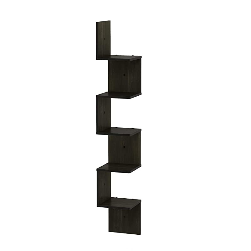 5 Tier Wall Mount Floating Corner Square Shelf, Espresso
