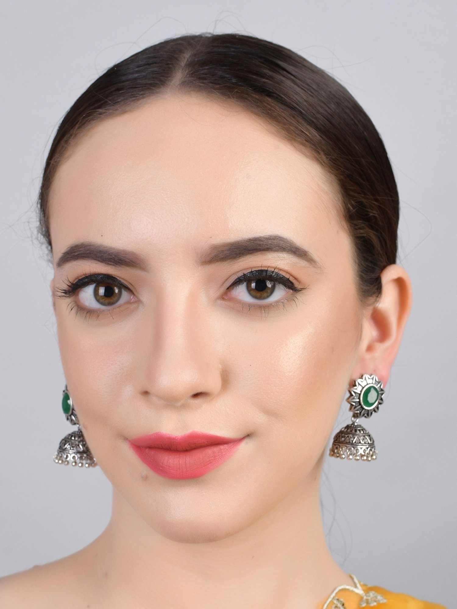 Imli Street Green Silver Tone Stone-Studded Handcrafted Jhumki Earrings