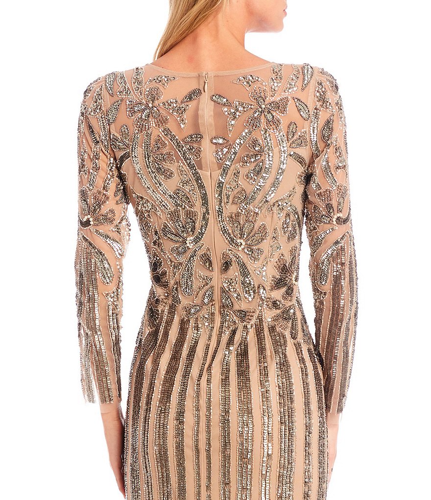 Aidan Mattox Fully Beaded Mesh Crew Neck Long Sleeve Gown