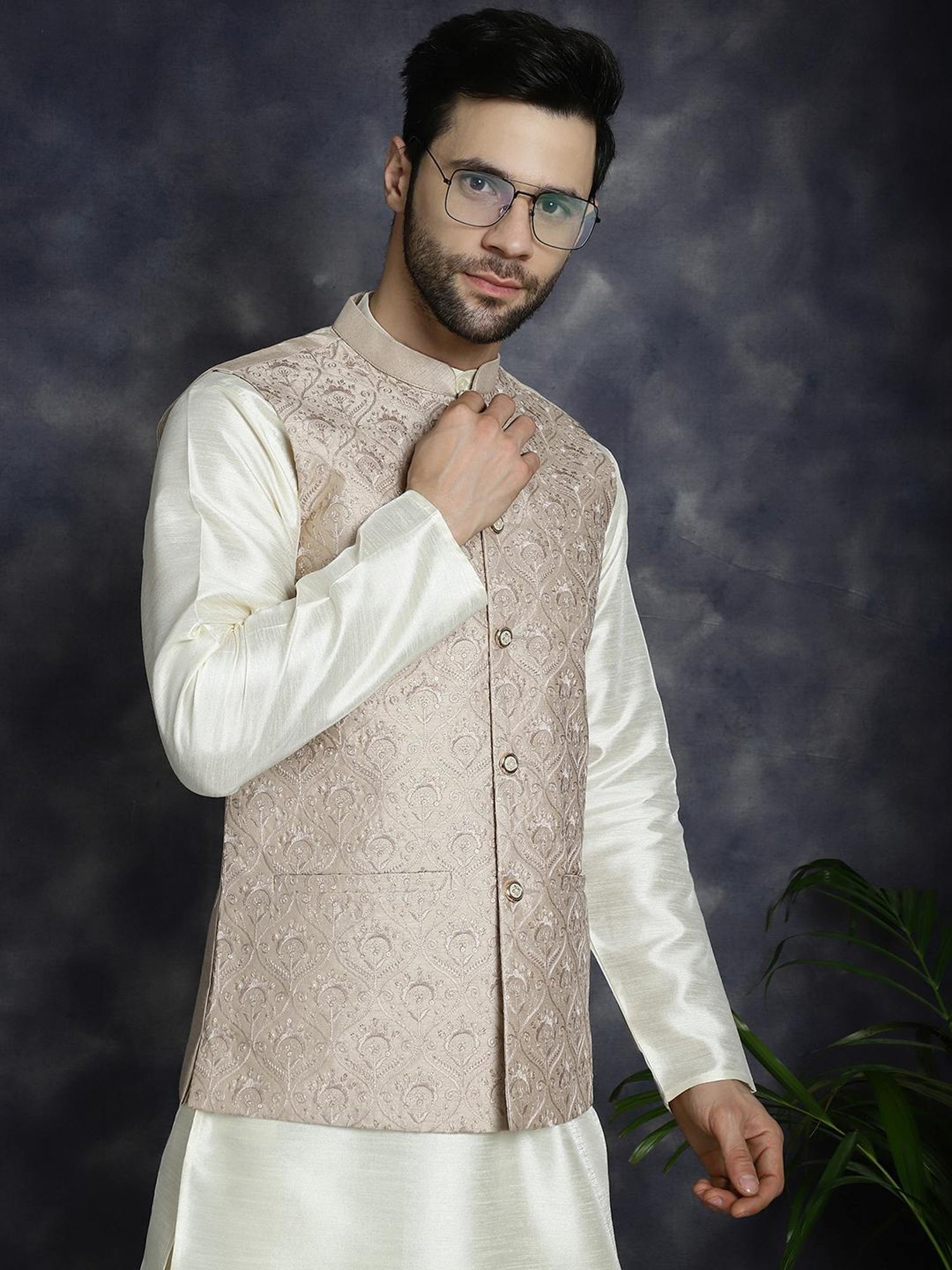 Jompers Peach Regular Fit Embellished Nehru Jacket