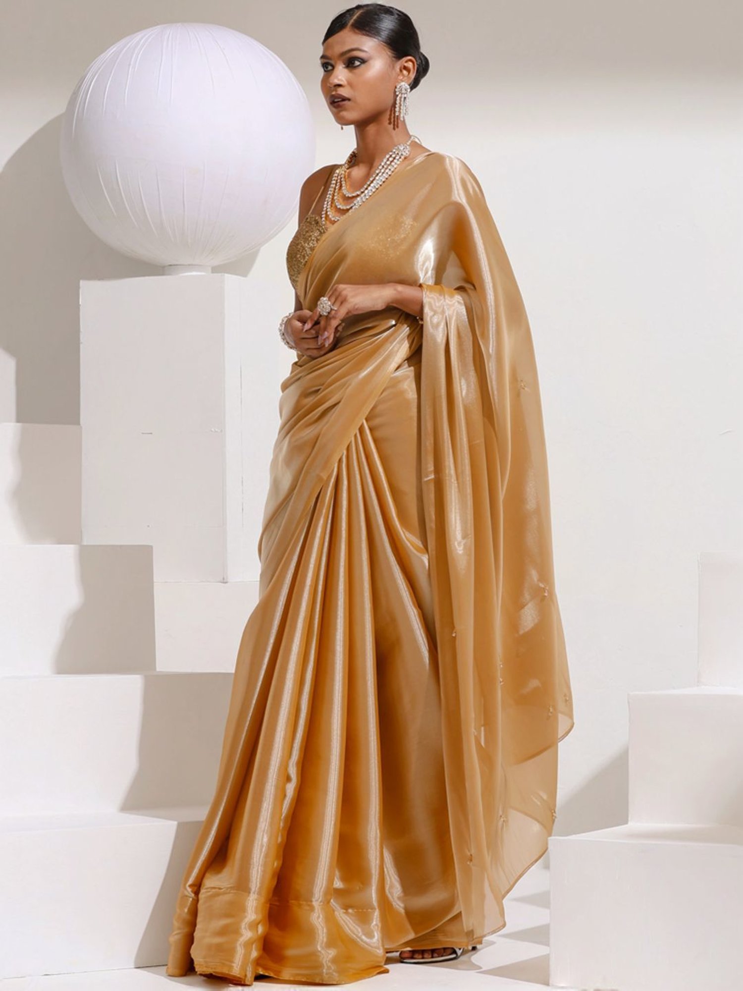 Swtantra Beige Embellished Saree With Unstitched Blouse