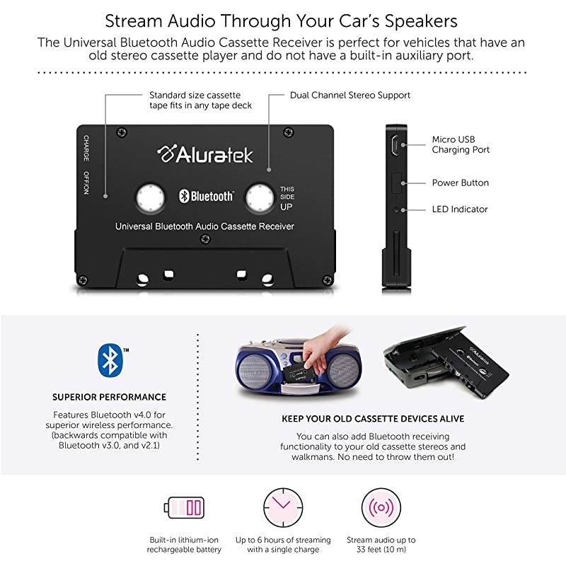 Universal Bluetooth Audio Cassette Receiver with Builtin Battery for Car Boombox Stereo RV ABCT01F
