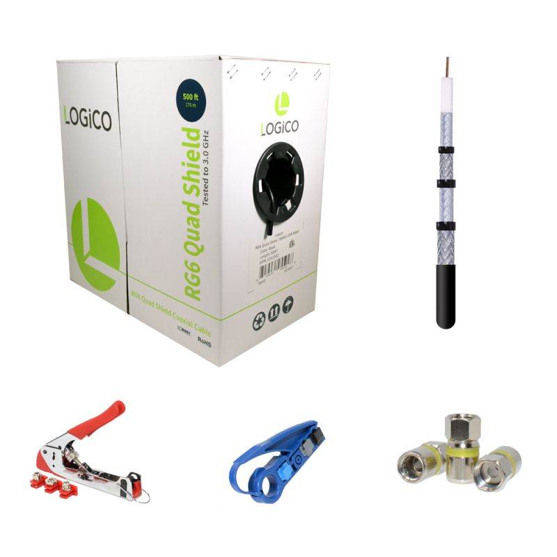 RG6 Quad Shield Coaxial Cable 500FT Black + Strip Tool + Compression Tool + 50 Piece F-Type Compression Connectors Kit