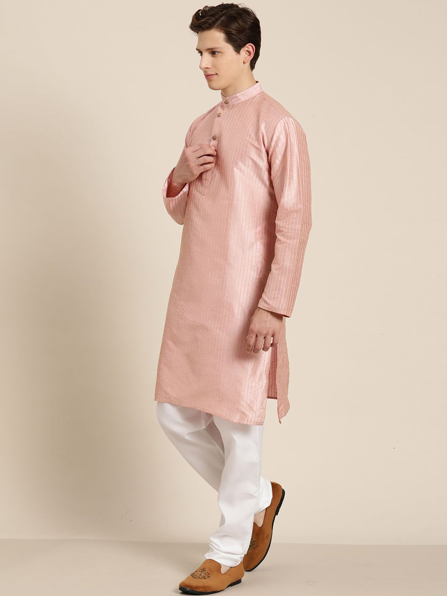 Sojanya Pink & Blue Regular Fit Self Pattern Kurta Set With Jacket