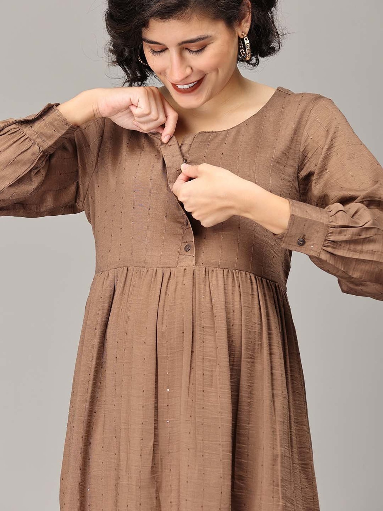 The Mom Store Brown Self Design Maternity Tier Midi Dress