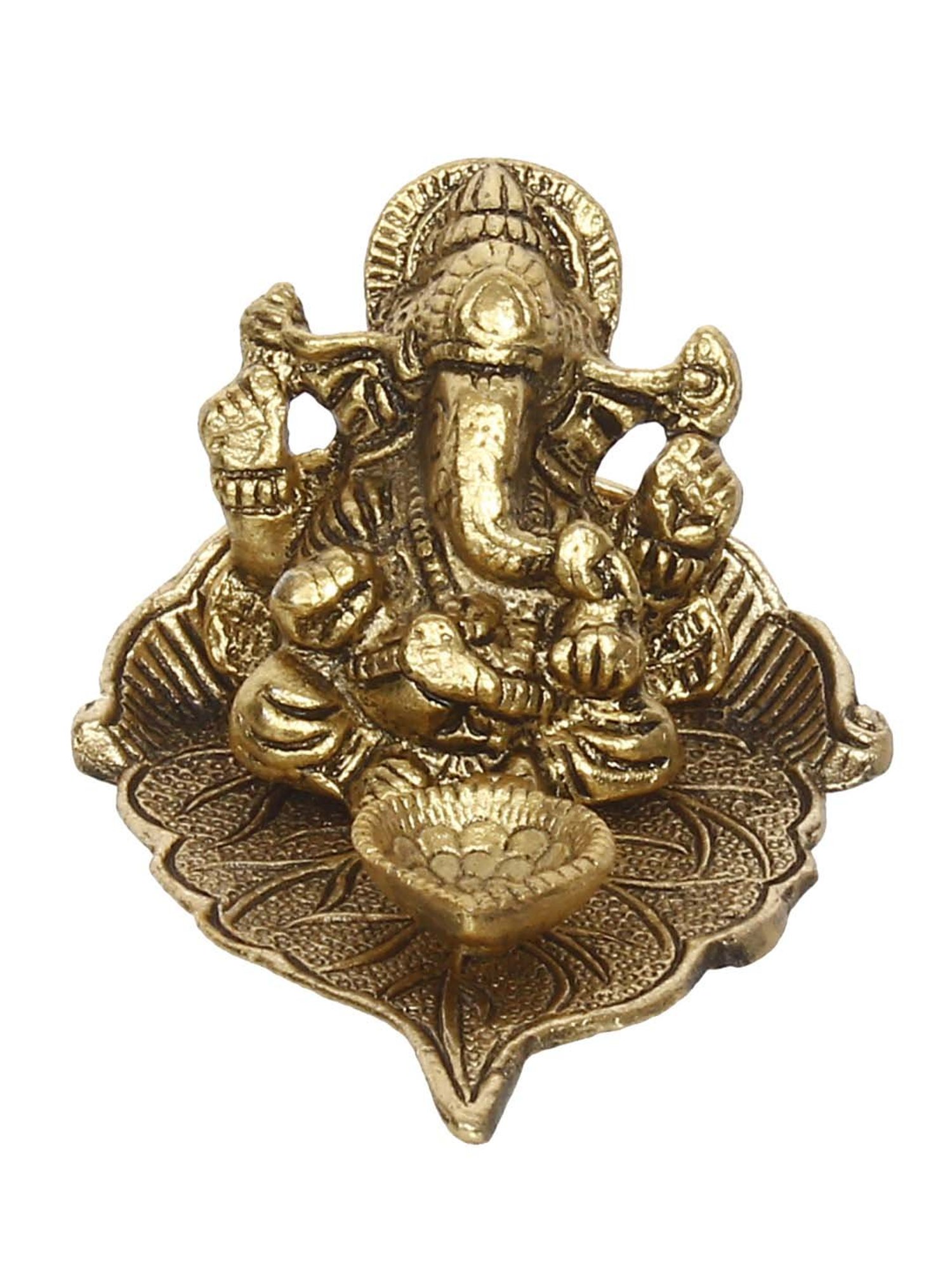 eCraftIndia Golden Lord Ganesha with Diya on Leaf Handcrafted Metal Showpiece