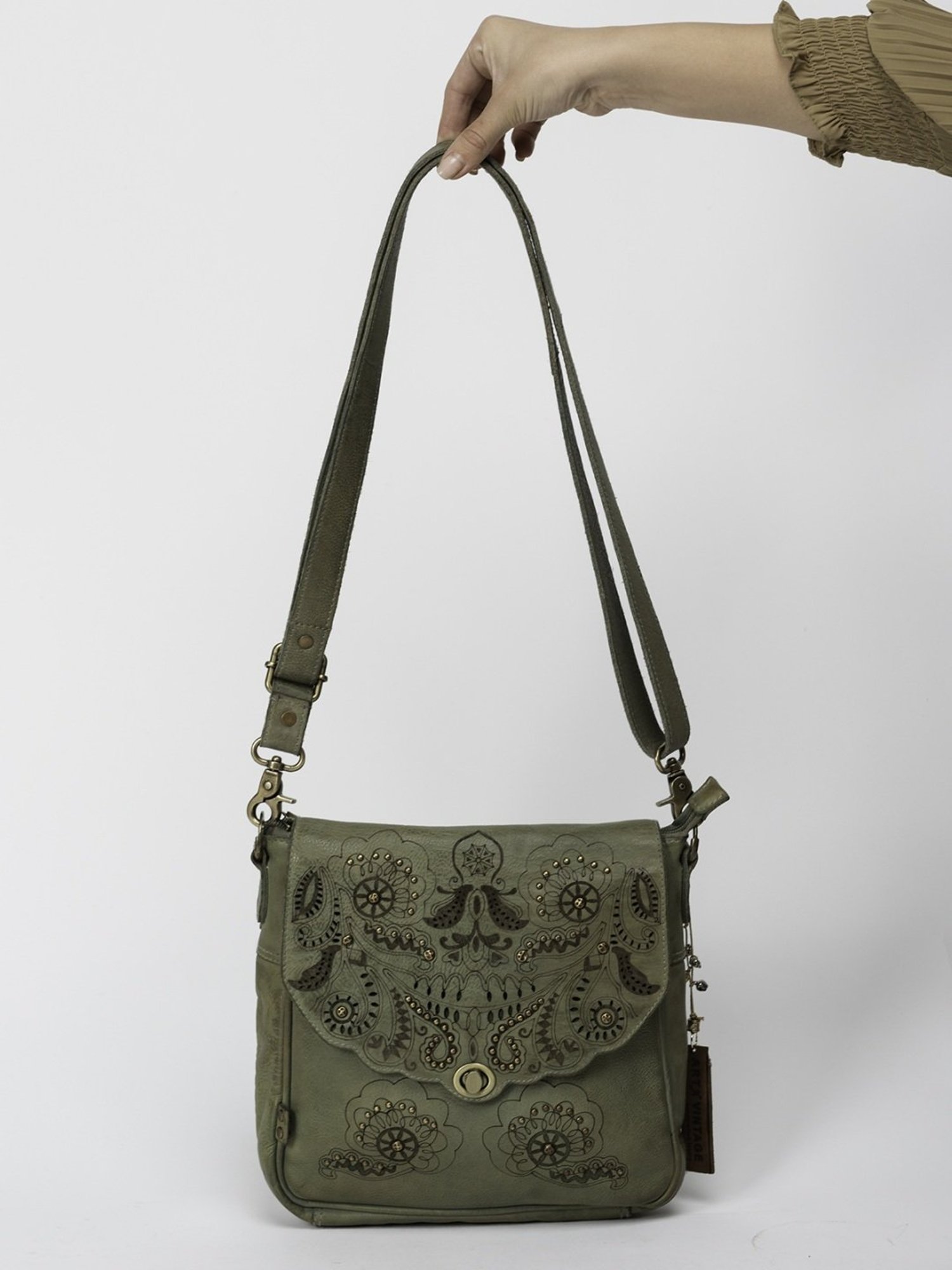 Art N Vintage Carob Olive Leather Textured Small Sling Handbag