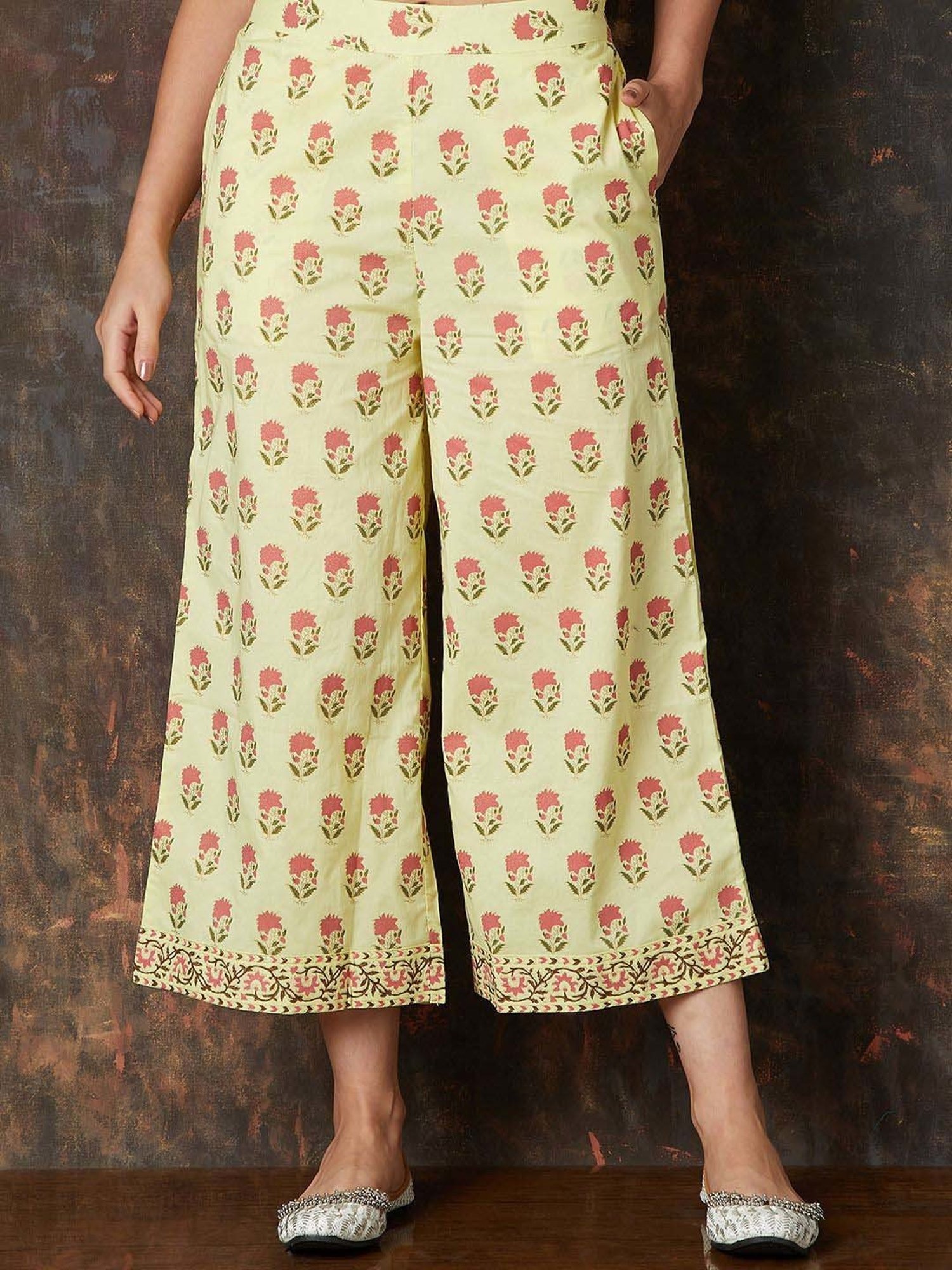 Melange by Lifestyle Yellow Cotton Printed Kurta Palazzo Set