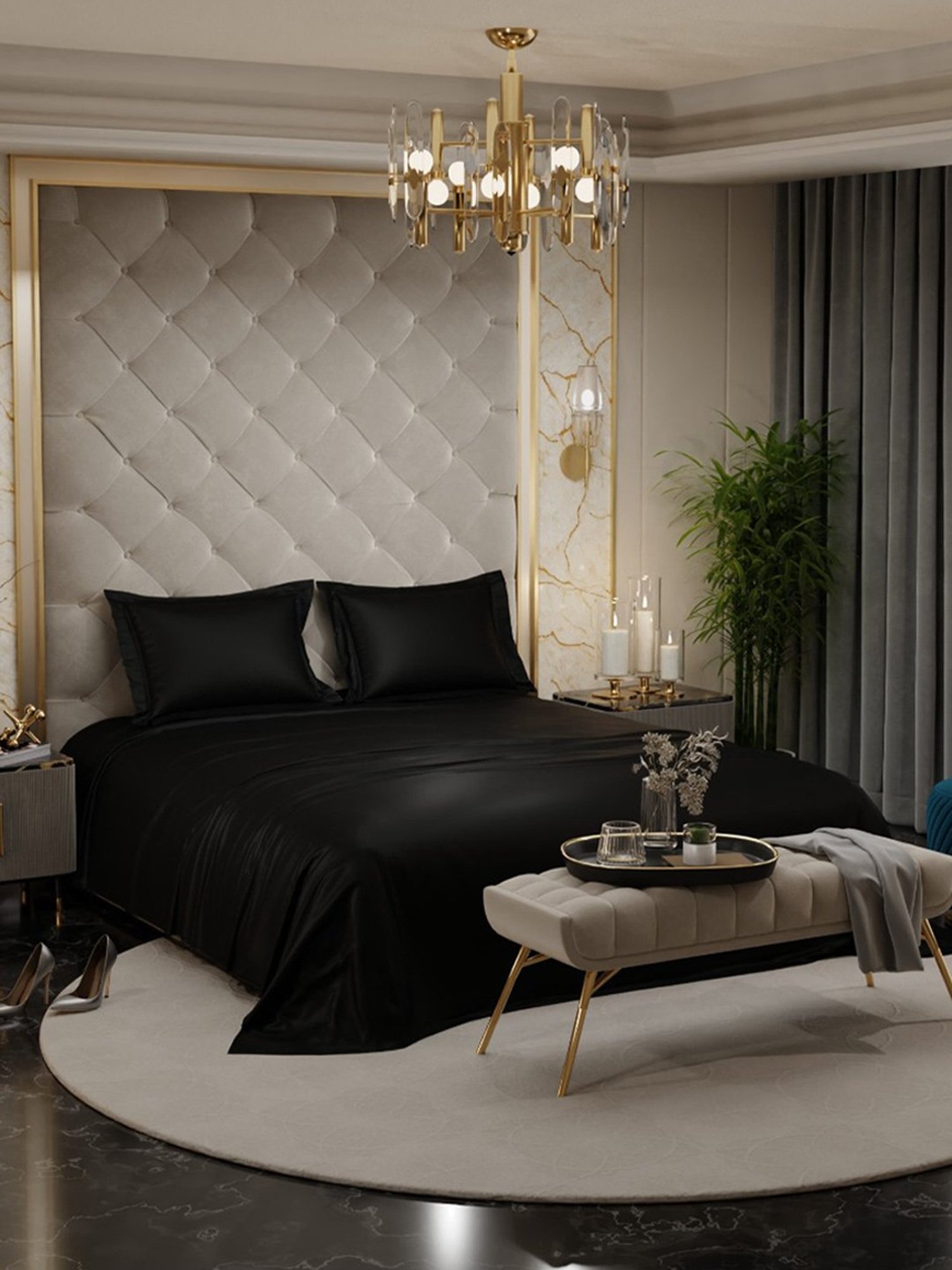 Stoa Paris Date Night Black Polyester 300 TC King Bedsheet with 2 Pillow Covers