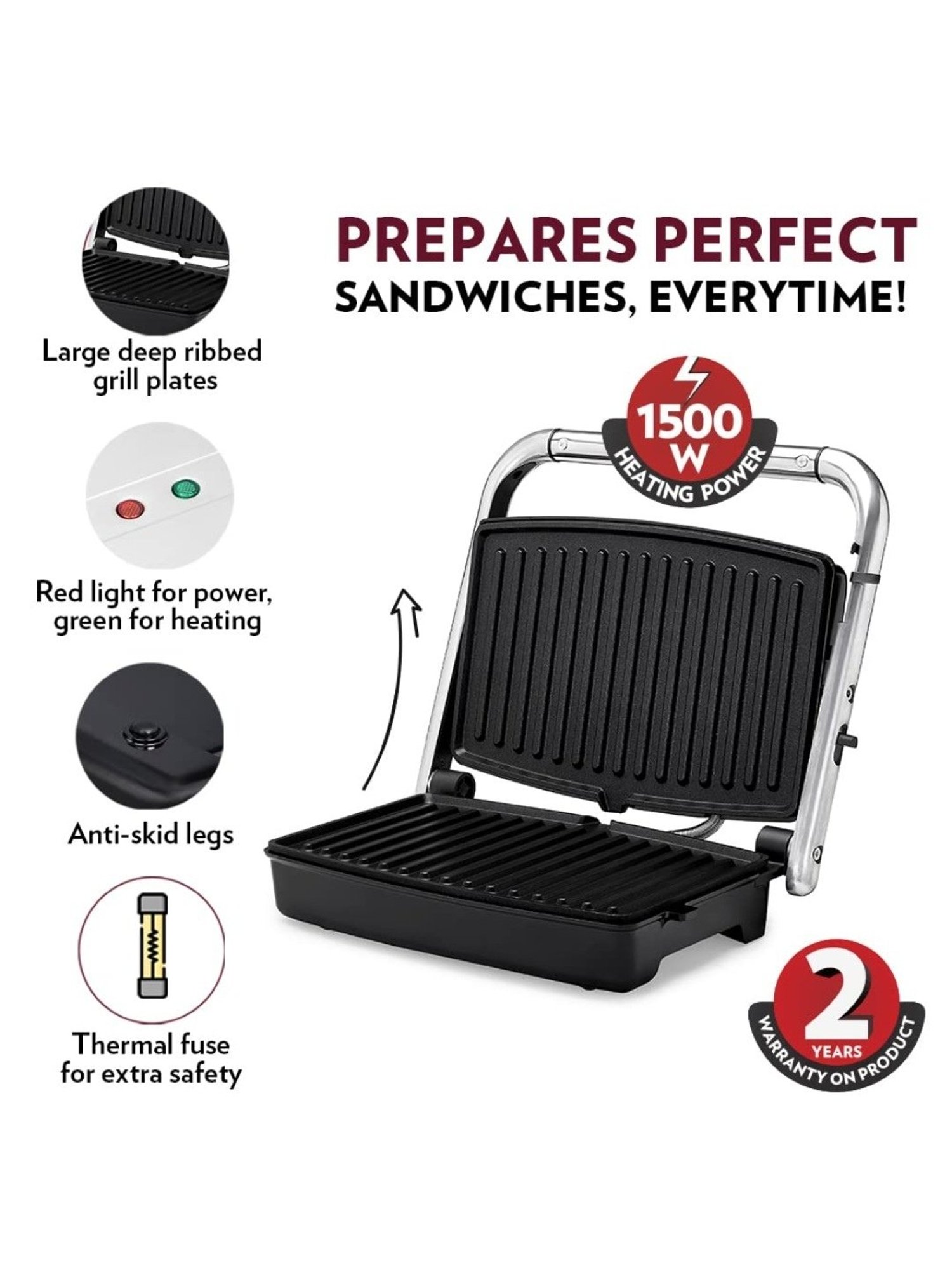Borosil Sandwich Maker 2000W with Non stick coating (Black)