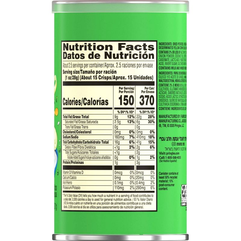 Pringles Grab & Go Large Sour Cream & Onion Potato Crisps Chips - 2.5oz