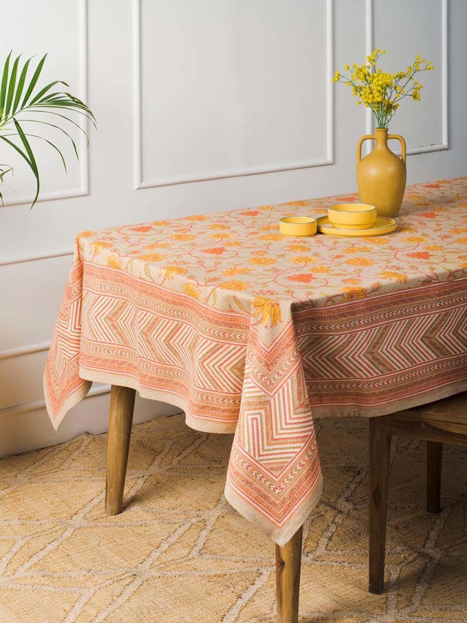 Fabindia Home Tarinika Yellow Cotton 80 TC 200 GSM 6-Seater Printed Table Cover