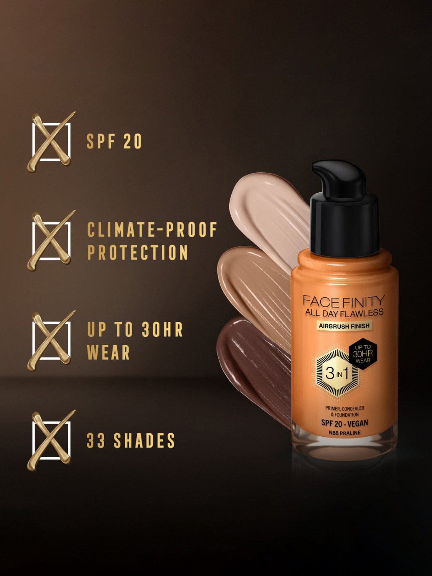 Max Factor Facefinity All Day Flawless 3 In 1 Foundation SPF 20 N88 Praline - 30 ml