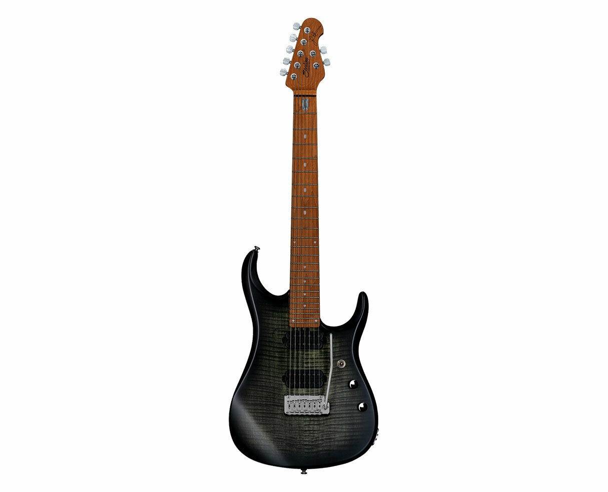 Sterling by Music Man JP15 7, Flame Maple Top, Trans Black Satin