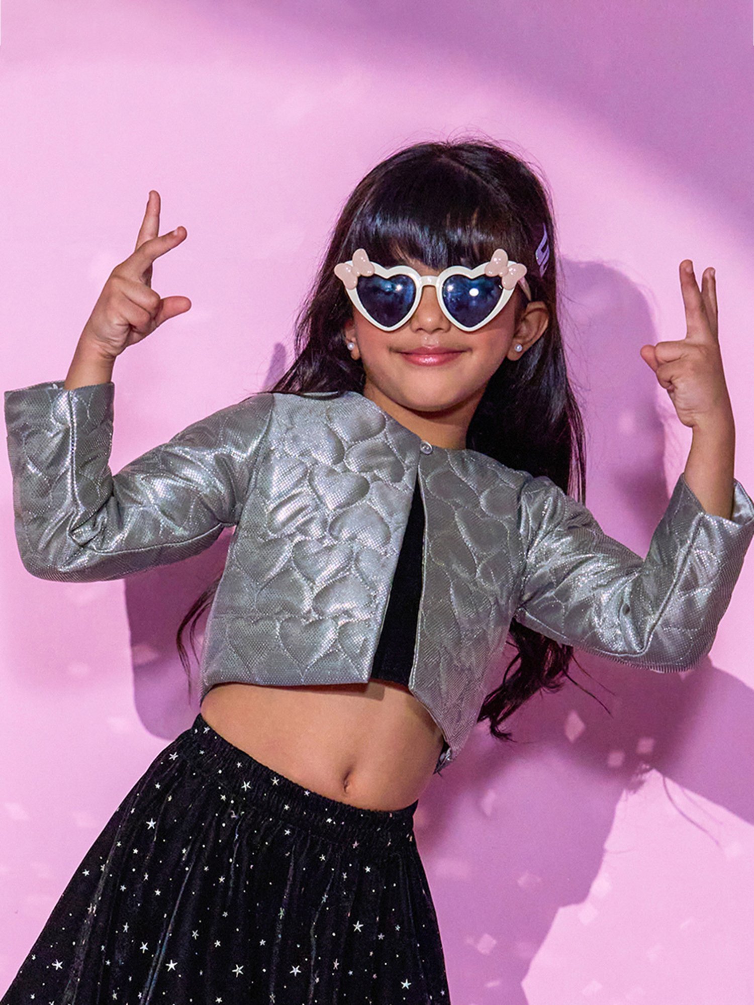 Lil Drama Kids Silver Printed Full Sleeves Shrug