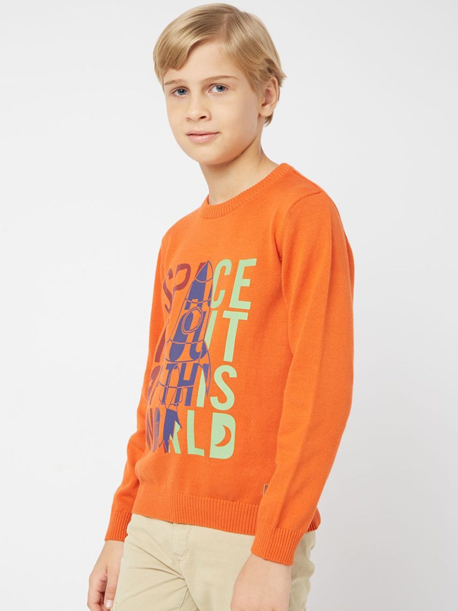 GAS Kids Orange Cotton Printed Full Sleeves Sweater