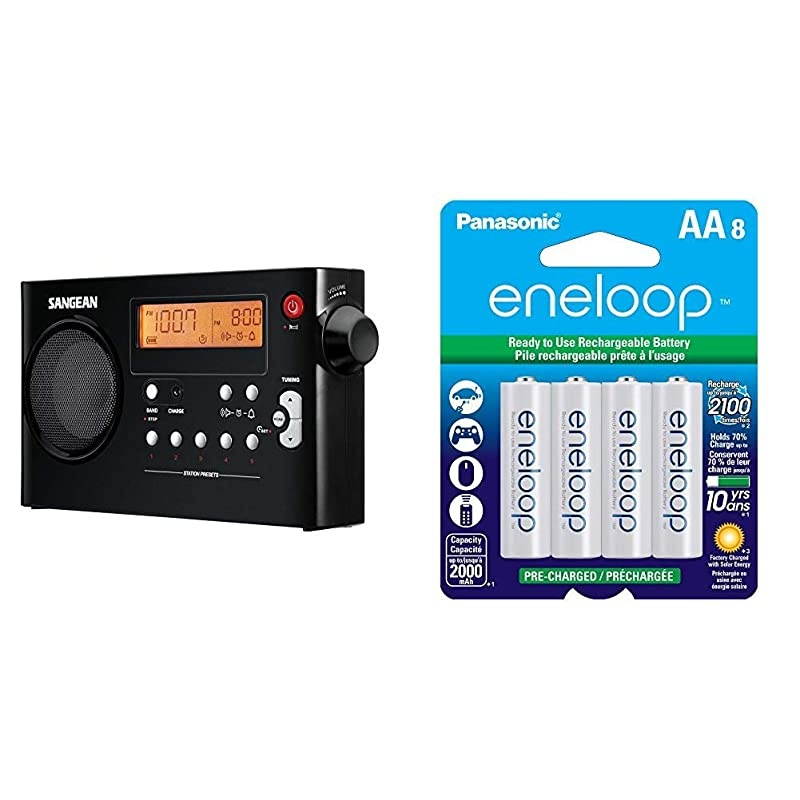PR-D7 BK AM/FM Digital Rechargeable Portable Radio - Black & Panasonic BK-3MCCA8BA eneloop AA 2100 Cycle Ni-MH Pre-Charged Rechargeable Batteries, 8 Pack