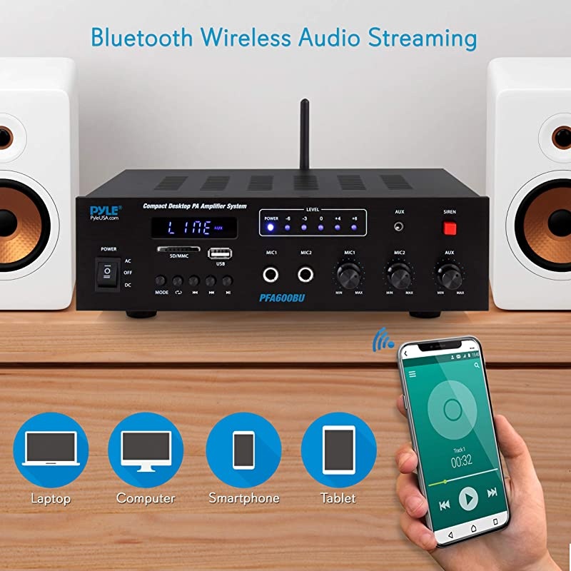 Wireless Bluetooth Karaoke Amplifier Home Car Bus Tours 300 Watts 2 Channel Digital Home Audio PA Receiver System 2 Microphone Input Control FM Radio USB12 Volt Power Option  PFA600BU