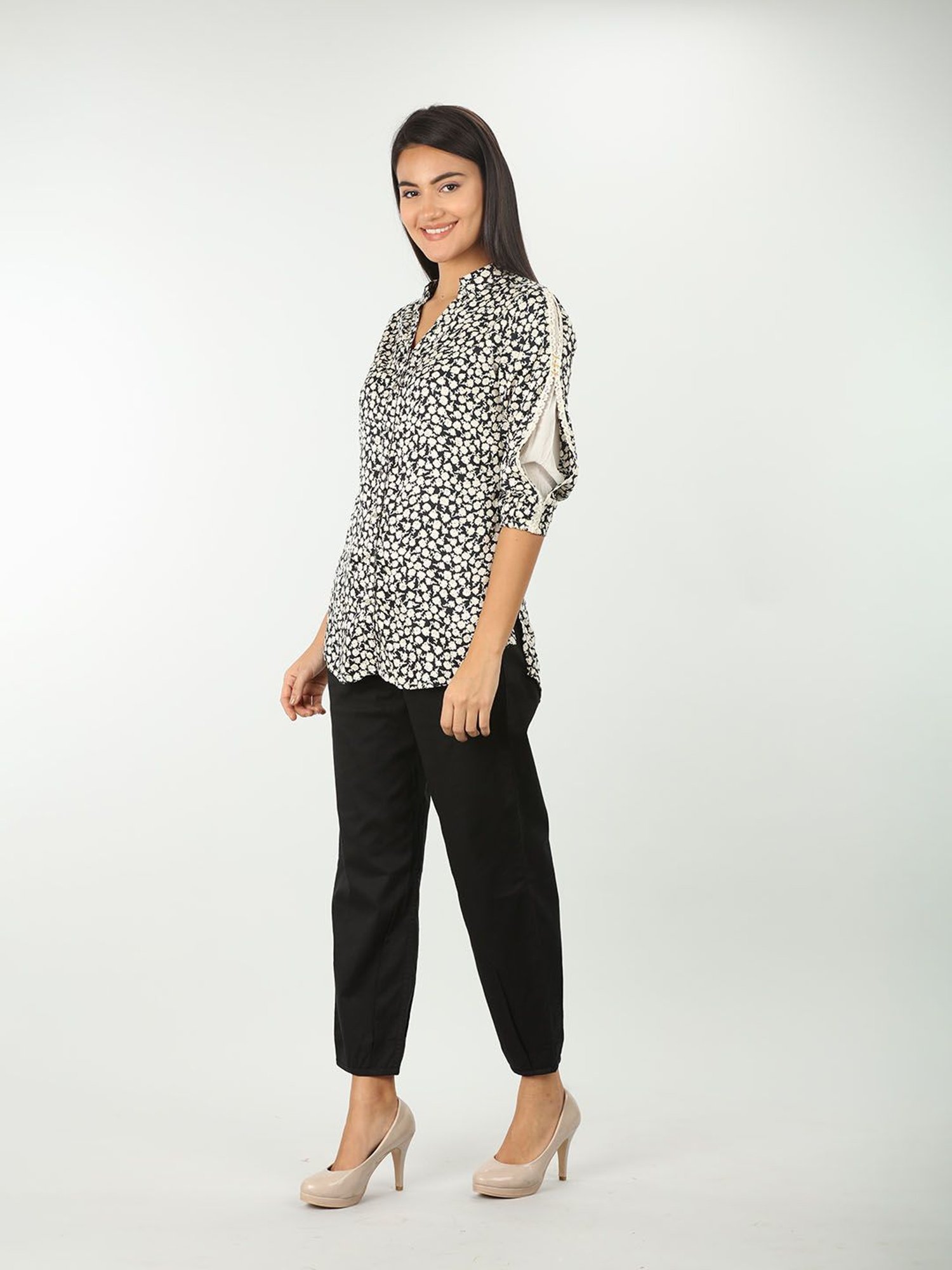 Mustard Black & White Rayon Floral Print Shirt