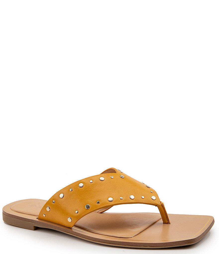 BCBGeneration Ixina Leather Studded Square Toe Thong Sandals