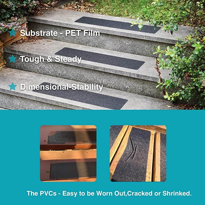 Stair Treads Anti-Slip Tape,6 Inch X 24 Inch,(5-Pack) Pre-Cut Black Non-Slip Strips,High Traction Friction Abrasive Adhesive Safety Tape