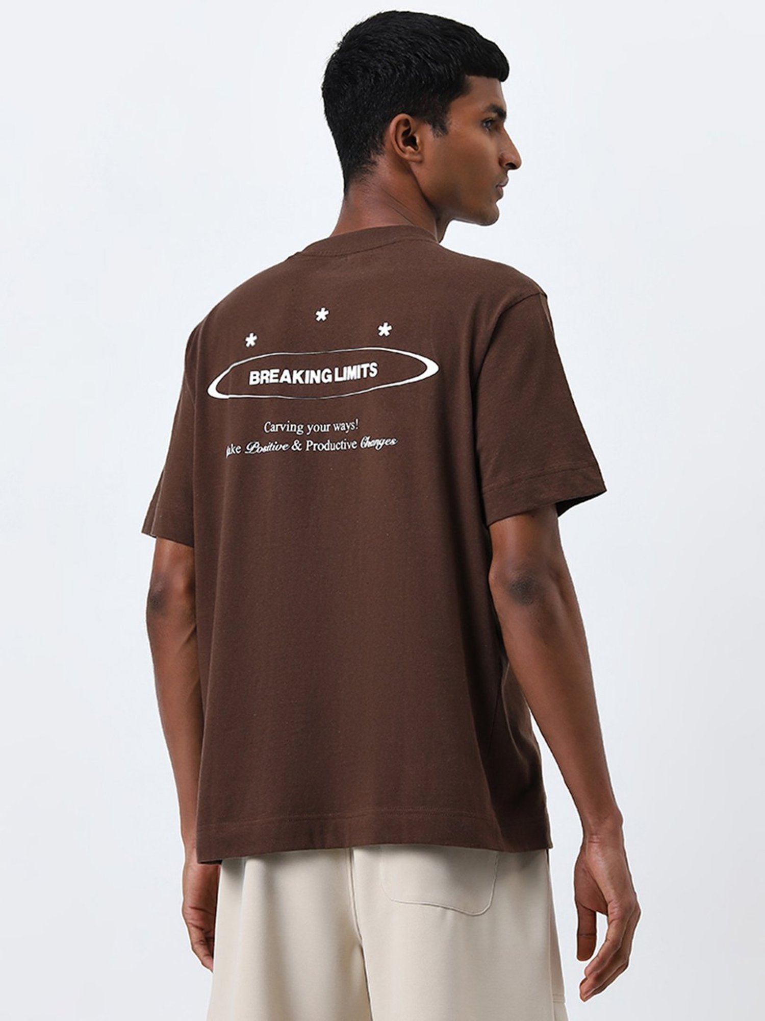 Studiofit by Westside Dark Brown Text Design Relaxed-Fit Cotton T-Shirt