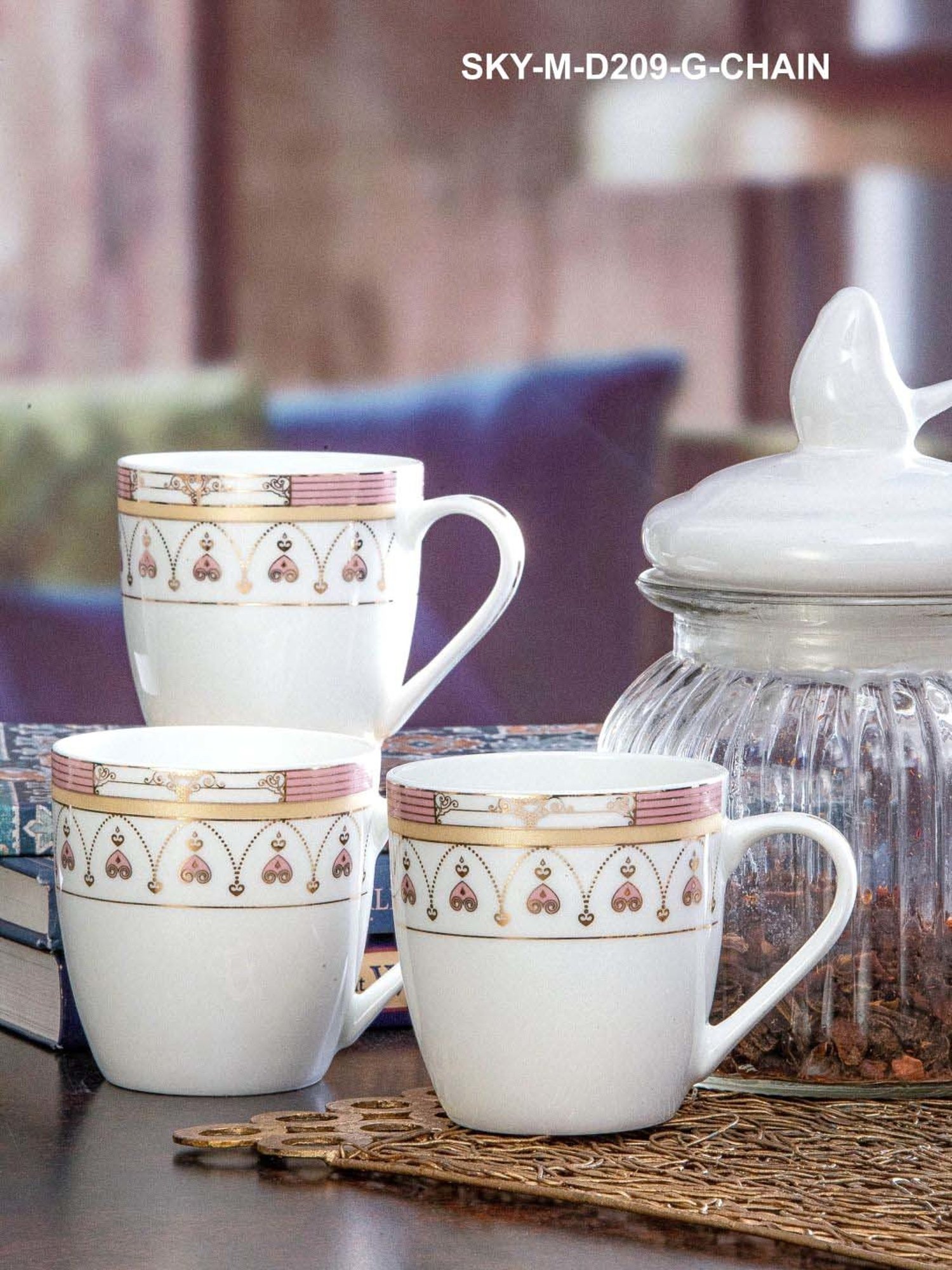 SONAKI White & Pink Bone China Coffee Mug (0.17 L) - Set of 6