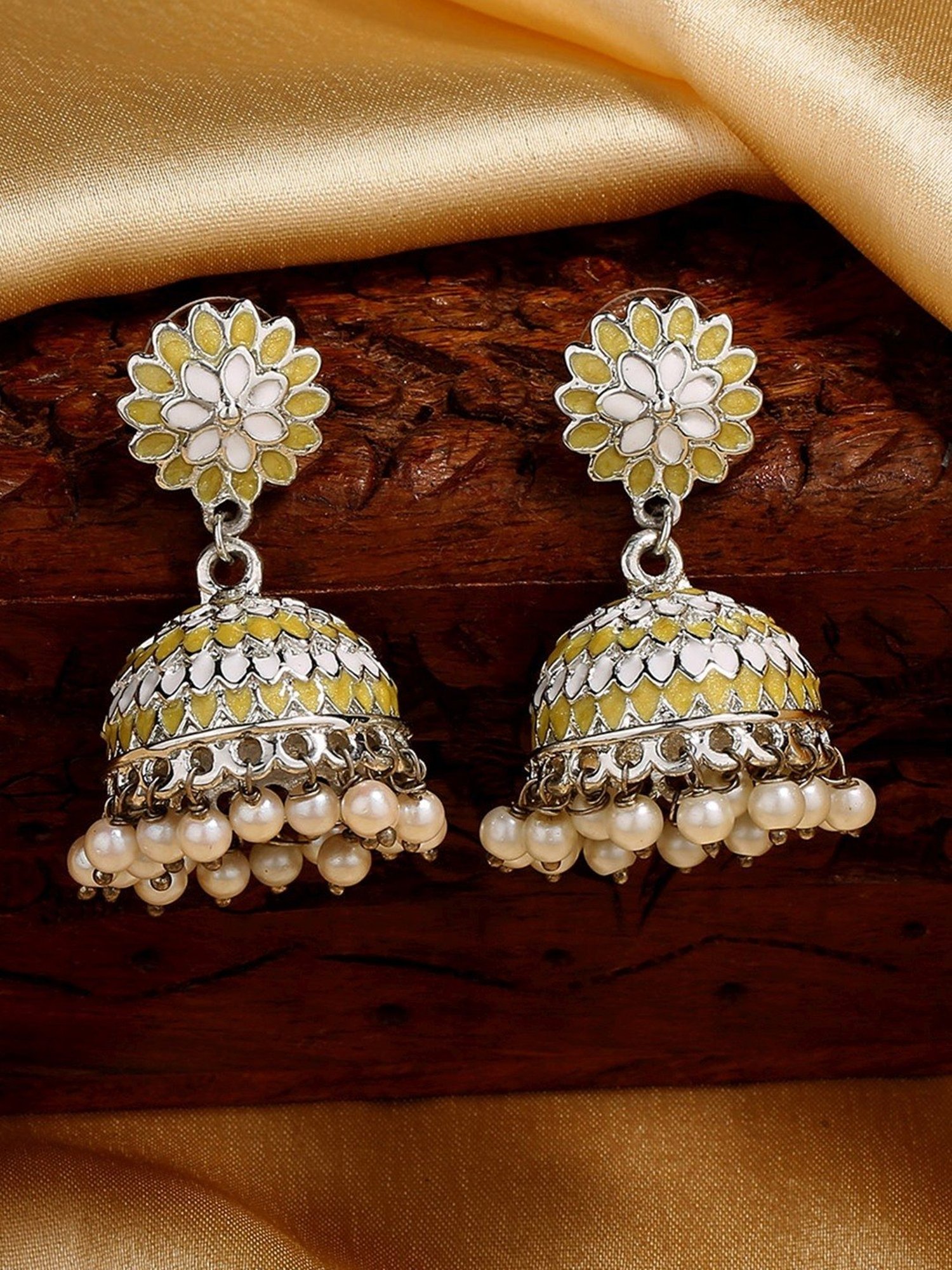 Estele Rhodium-Plated Traditional Yellow & White Meenakari Jhumki Earrings