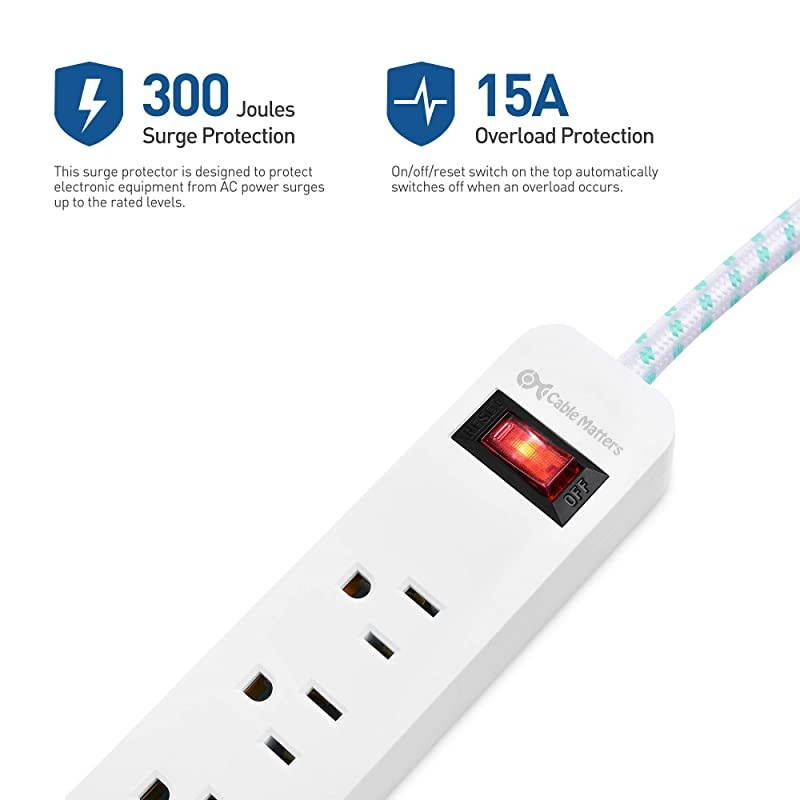 2-Pack 3 Outlet Surge Protector Power Strip with USB Charging Ports with Low Profile Plug and 12 Foot Power Cord in White