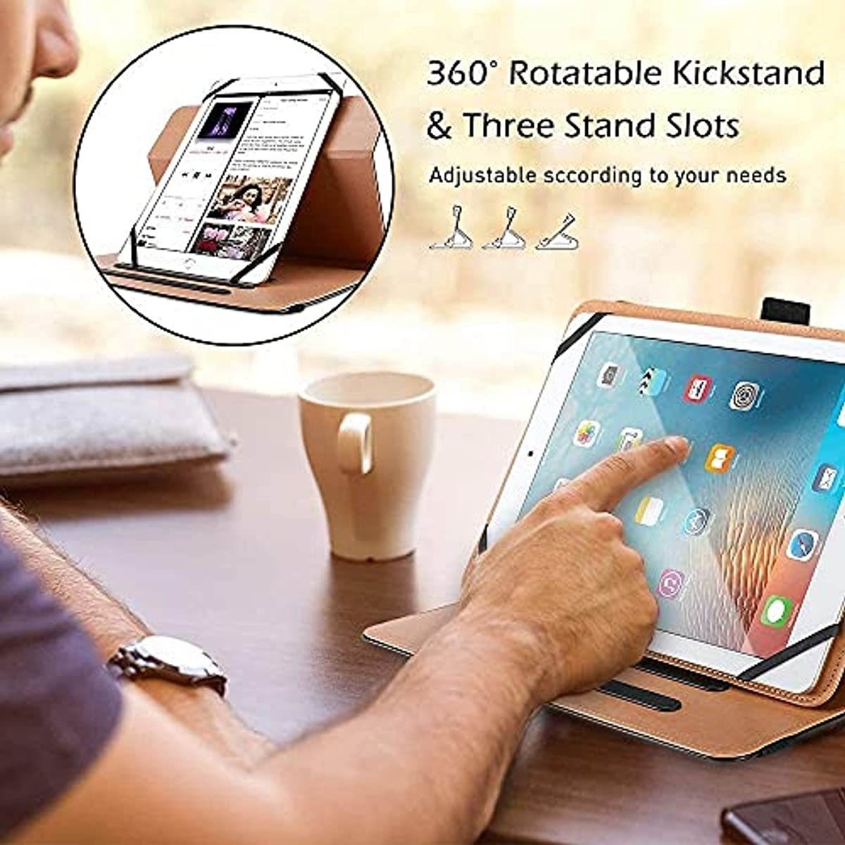 ProCase 9"-10.1" Inch Universal Tablet Case with 360 Degree Rotatable Kickstand Bundle with PU Leather Stand Folio Protective Cover for 9"-10.9" Tablet, with Elastic Adjustable Band and Pencil Holder