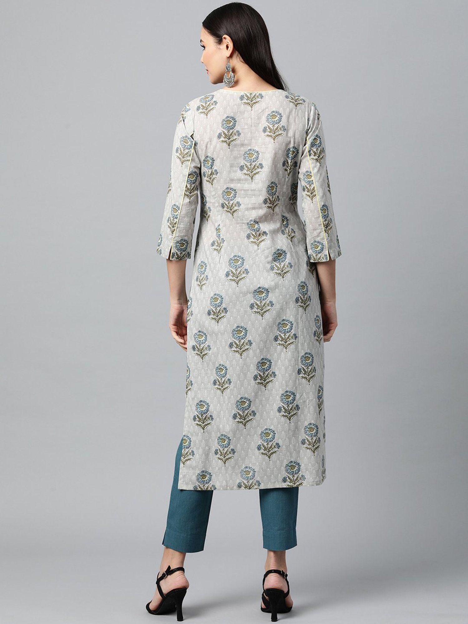 Kami Kubi Grey Floral Print Straight Kurta